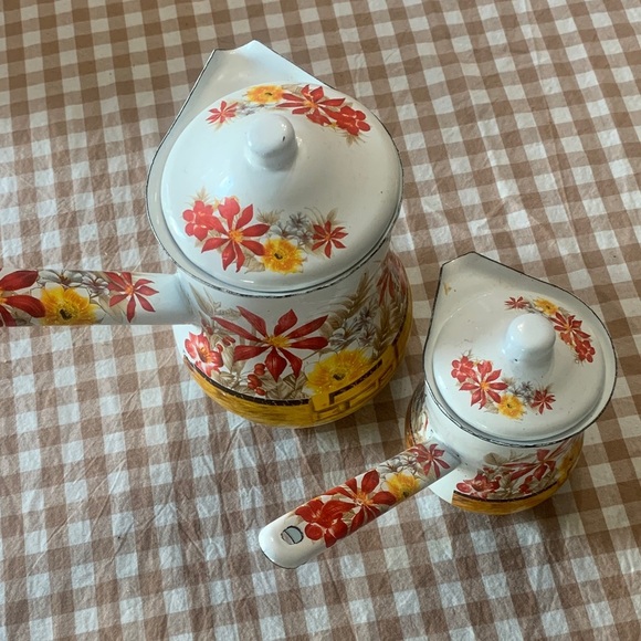 Charming Floral Enamel Cookware Set in Red and Yellow - Picture 1 of 2